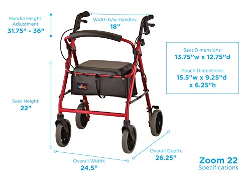 NOVA Zoom Rollator Walker with 22 Seat Height, Rolling Walker with Locking Hand Brakes, Padded Seat and 8 Wheels, Color Red