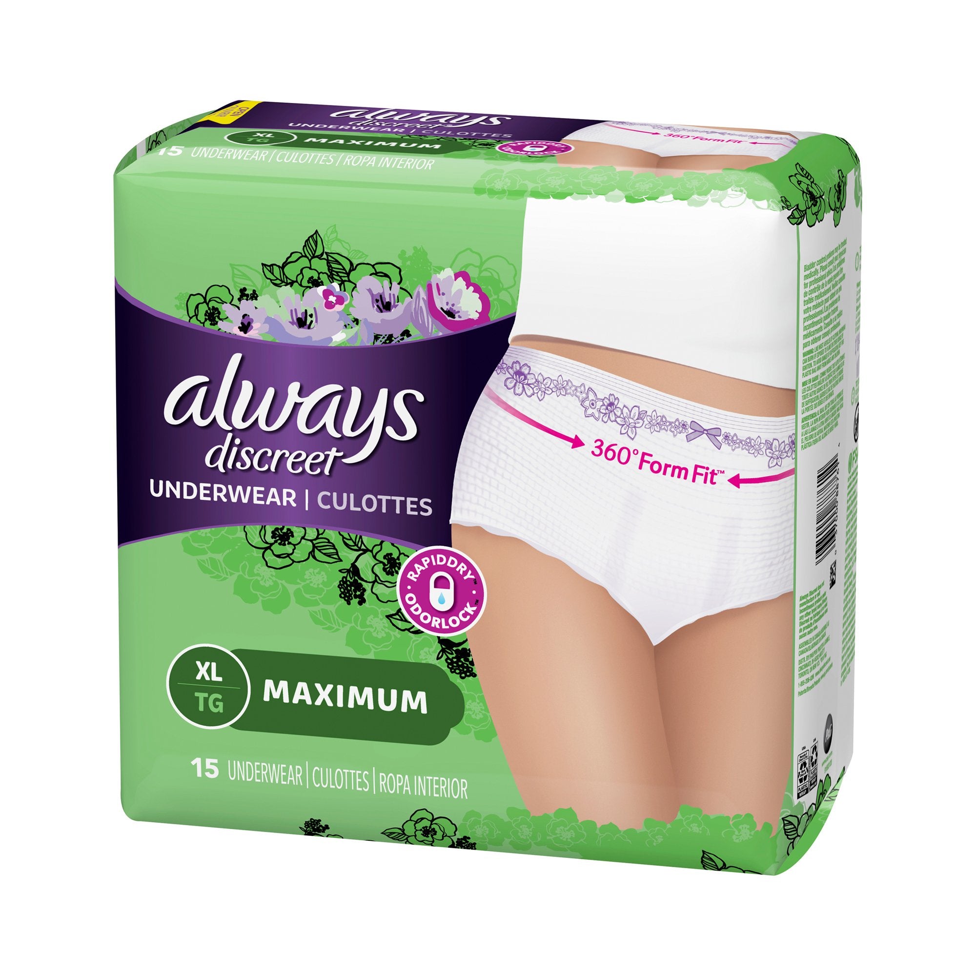 Female Adult Absorbent Underwear Always Discreet Pull On with Tear Away Seams X-Large Disposable Heavy Absorbency