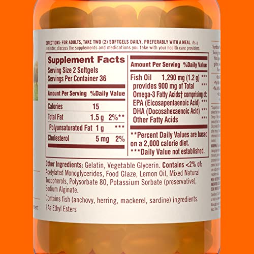 Fish Oil by Sundown, Dietary Supplement, Omega 3, Supports Heart Health, Non-GMO, Free of Gluten, Dairy, Artificial Flavors,1290 Mg, 72 Coated Mini Softgels