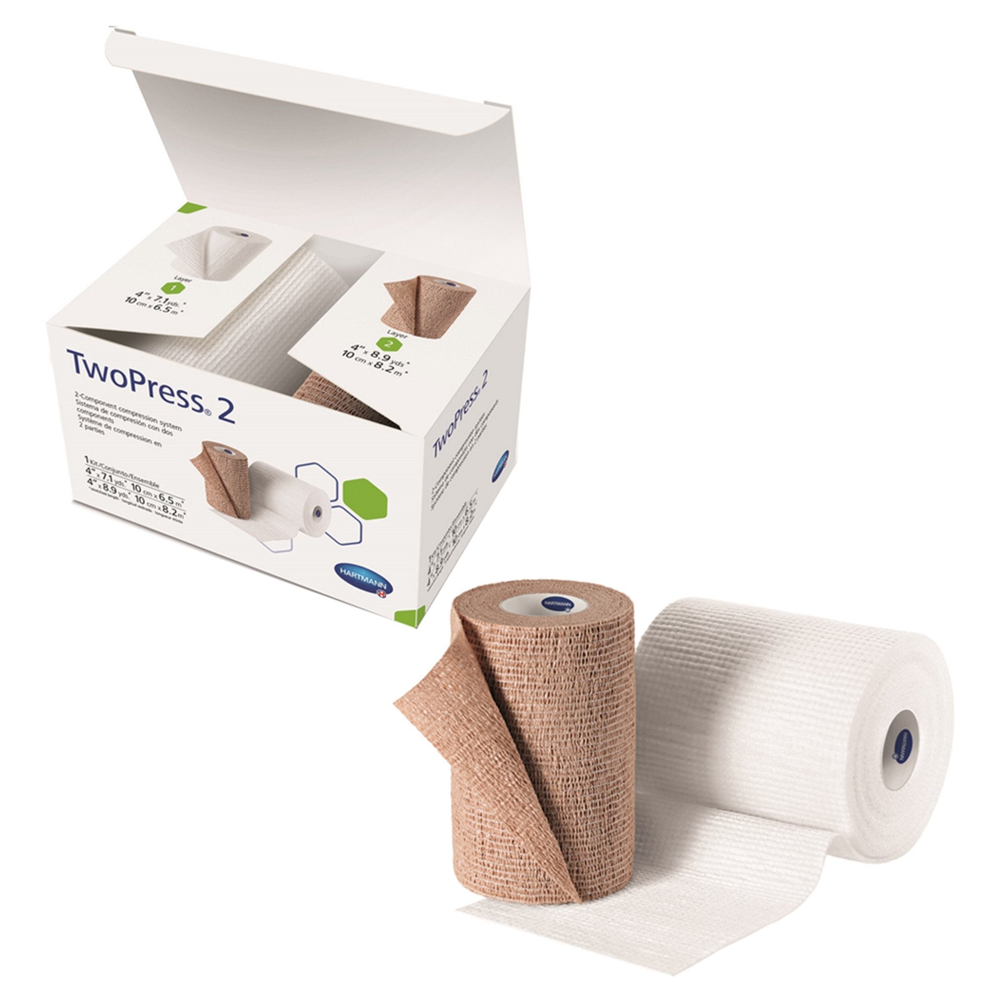 2 Layer Compression Bandage System TwoPress 2 4 Inch X 7 Yard / 4 Inch X 8-9/10 Yard 40 mmHg Self-adherent Closure Tan / White NonSterile