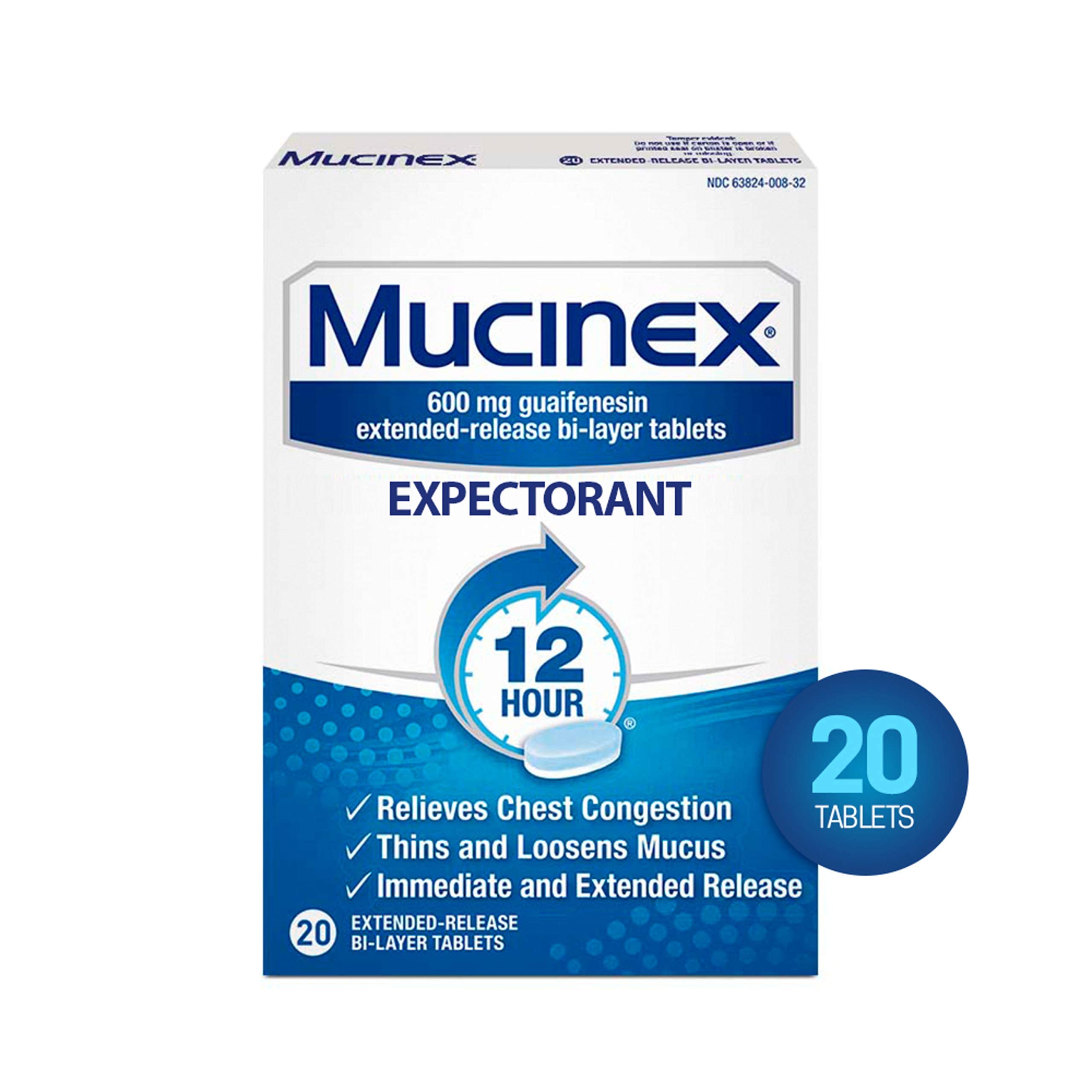 Chest Congestion, Mucinex Expectorant 12 Hour Extended Release Tablets, 20ct, 600mg Guaifenesin with Extended Relief of Chest Congestion Caused by Excess Mucus. Thins and Loosens Mucus