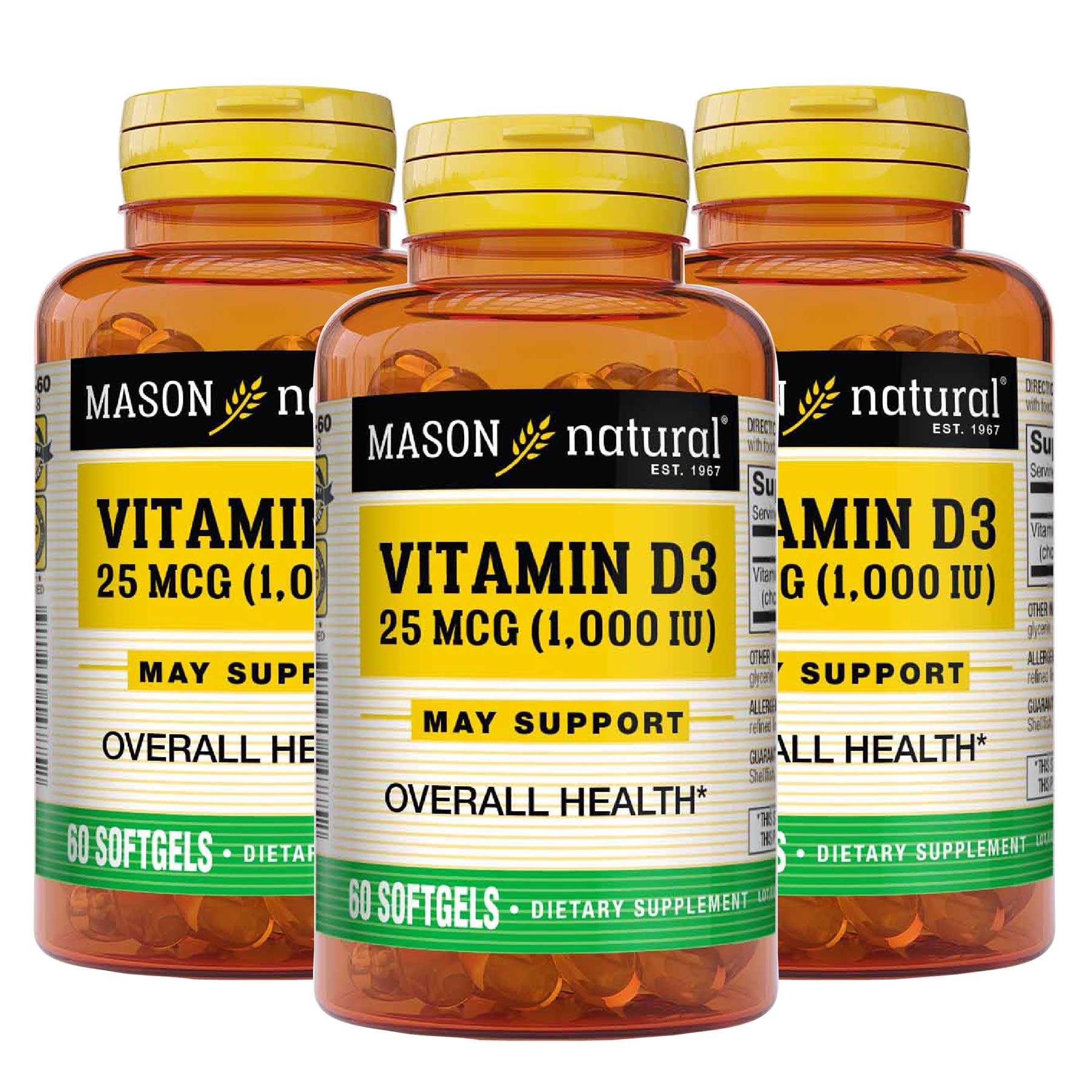 MASON NATURAL Vitamin D3 25 mcg (1000 IU) - Supports Overall Health, Strengthens Bones and Muscles, from Fish Liver Oil, 60 Softgels (Pack of 3)