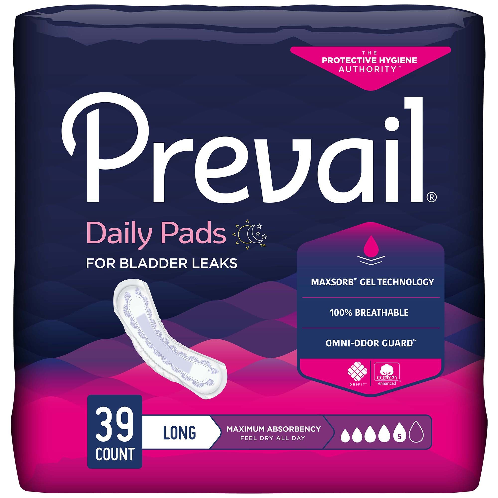 Bladder Control Pad Prevail Daily Pads 13 Inch Length Heavy Absorbency Polymer Core One Size Fits Most