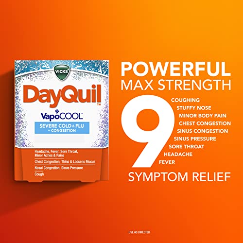 Vicks DayQuil VapoCOOL SEVERE Cold & Flu + Congestion Medicine, Non-Drowsy Max Strength 9-Symptom Relief for Fever, Sore Throat, Chest Congestion, Stuffy Nose, Nasal Congestion, Cough, 24 Caplets