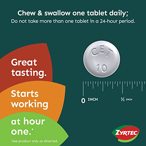 Zyrtec 24 Hour Allergy Relief Chewable Tablets, 10 mg Antihistamine Cetirizine HCl per Tablet, Medicine Relieves Hay Fever & Indoor & Outdoor Allergy Symptoms, Dye-Free, 24 Ct