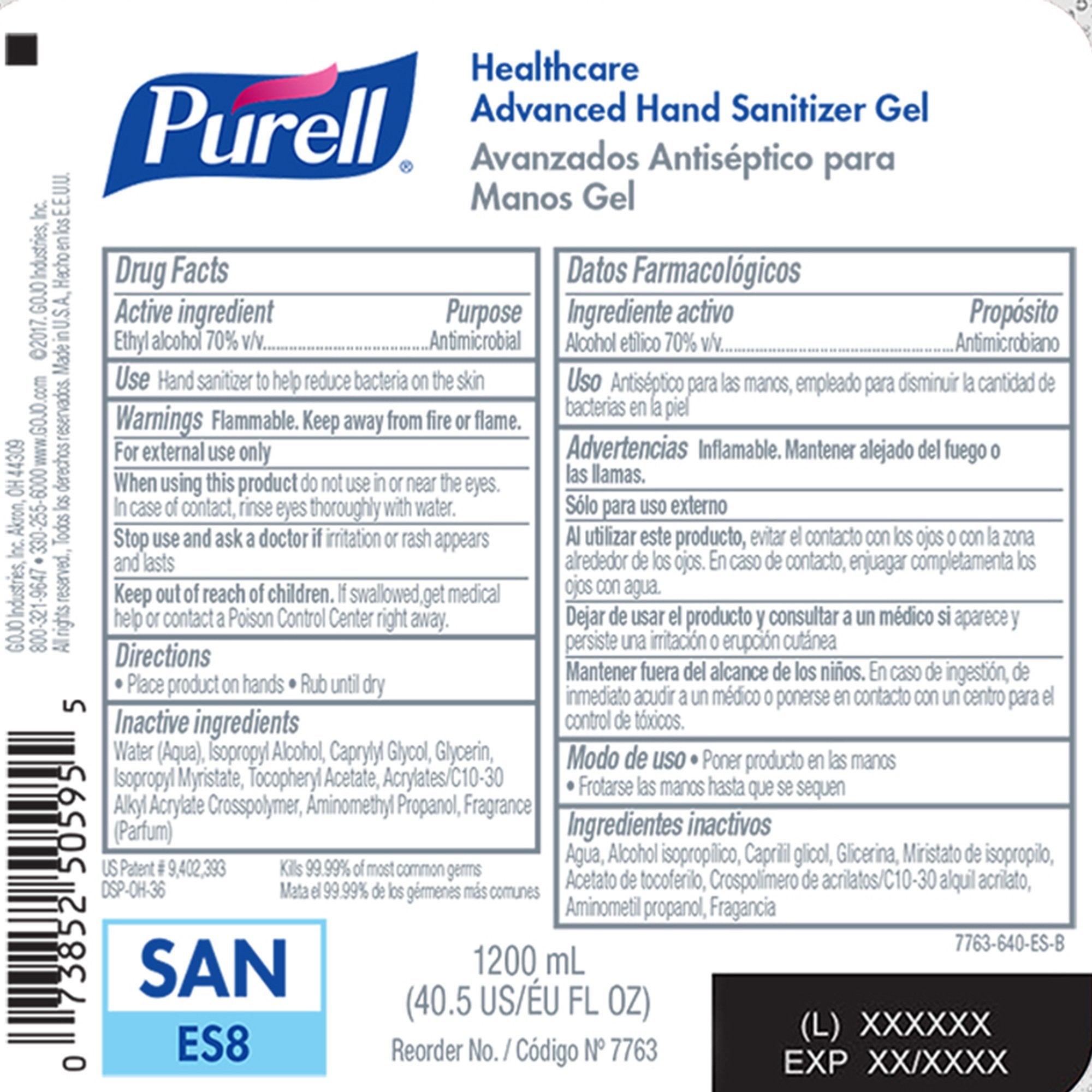 Hand Sanitizer Purell Healthcare Advanced 1,200 mL Ethyl Alcohol Gel Dispenser Refill Bottle