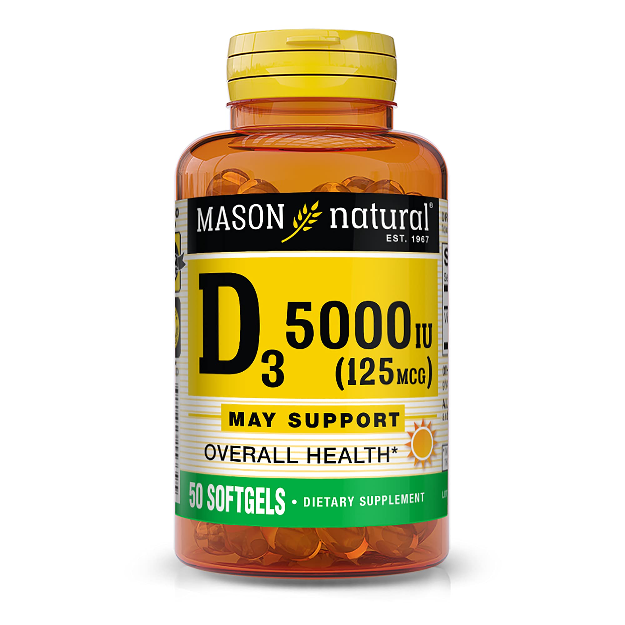 MASON NATURAL Vitamin D3 125 mcg (5000 IU) - Supports Overall Health, Strengthens Bones and Muscles, from Fish Liver Oil, 50 Softgels