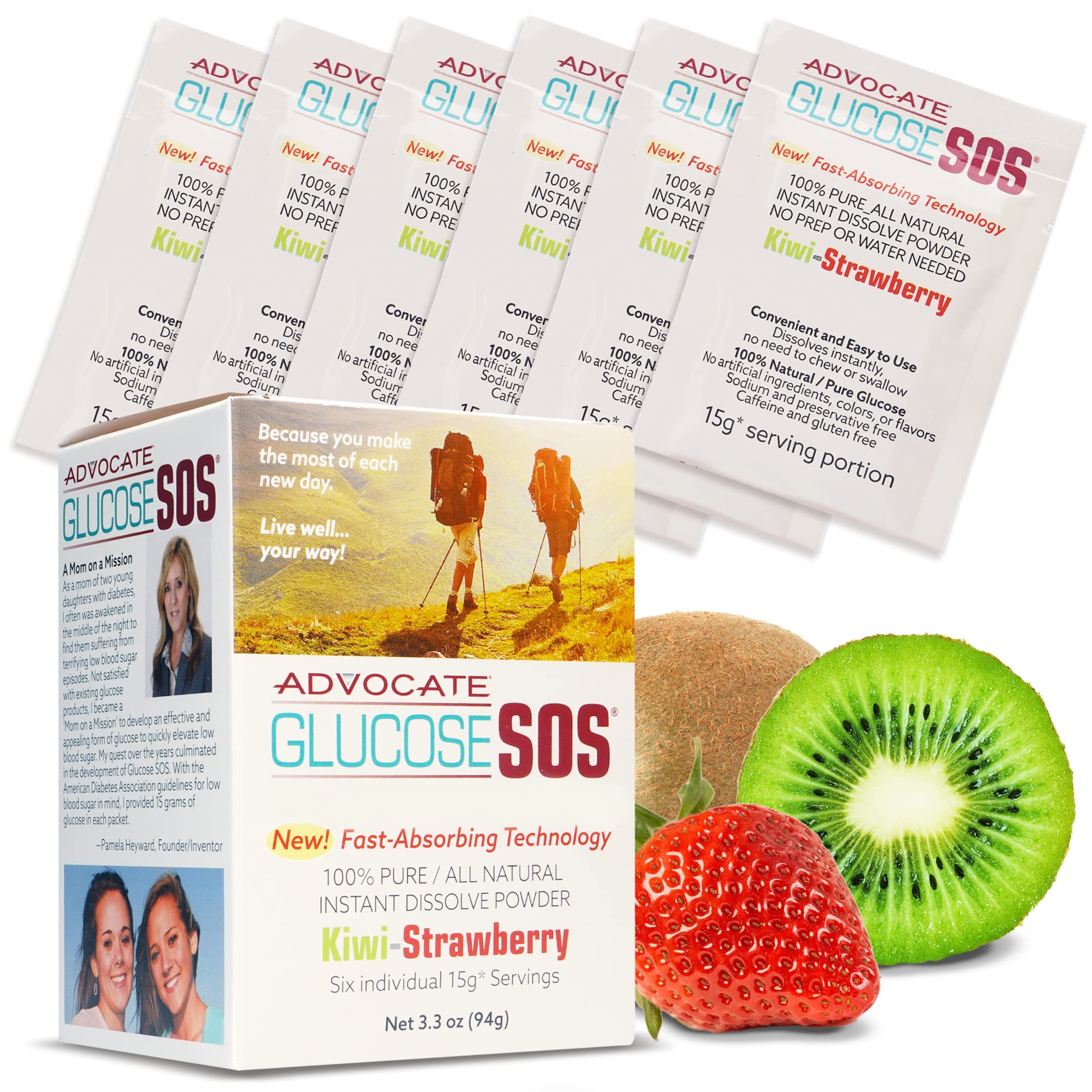 Glucose SOS Glucose Powder - Natural Powder Packets - Instantly Dissolves - No Water Needed - Kiwi Strawberry - 6 Packets