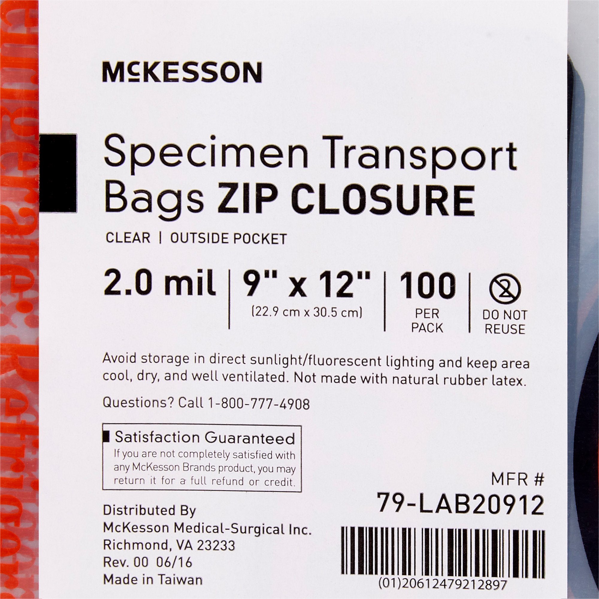 Specimen Transport Bag with Document Pouch McKesson 9 X 12 Inch Zip Closure Biohazard Symbol / Storage Instructions NonSterile