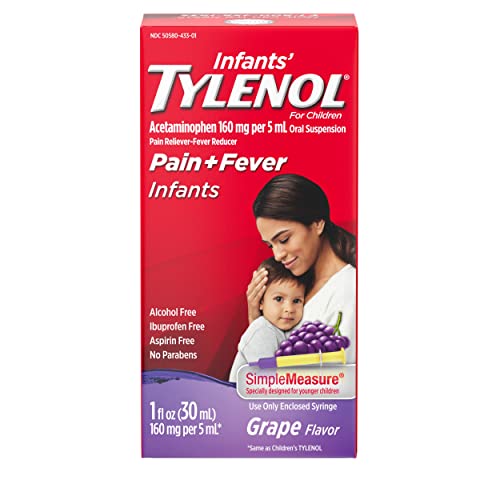 Tylenol Infants Oral Suspension Liquid Medicine with Acetaminophen, Baby Fever Reducer & Pain Reliever for Minor Aches & Pains, Sore Throat, Headache & Toothache, Grape Flavor, 1 fl. oz
