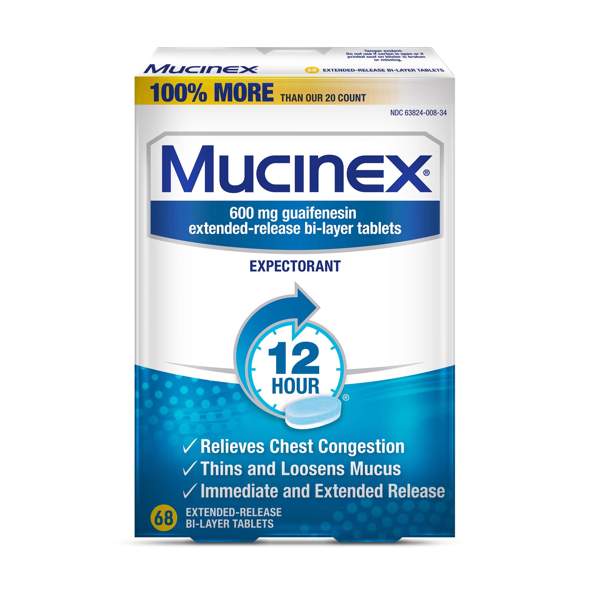 Chest Congestion, Mucinex 12 Hour Extended Release Tablets, 68ct, 600 mg Guaifenesin Relieves Chest Congestion Caused by Excess Mucus, #1 Doctor Recommended OTC Expectorant