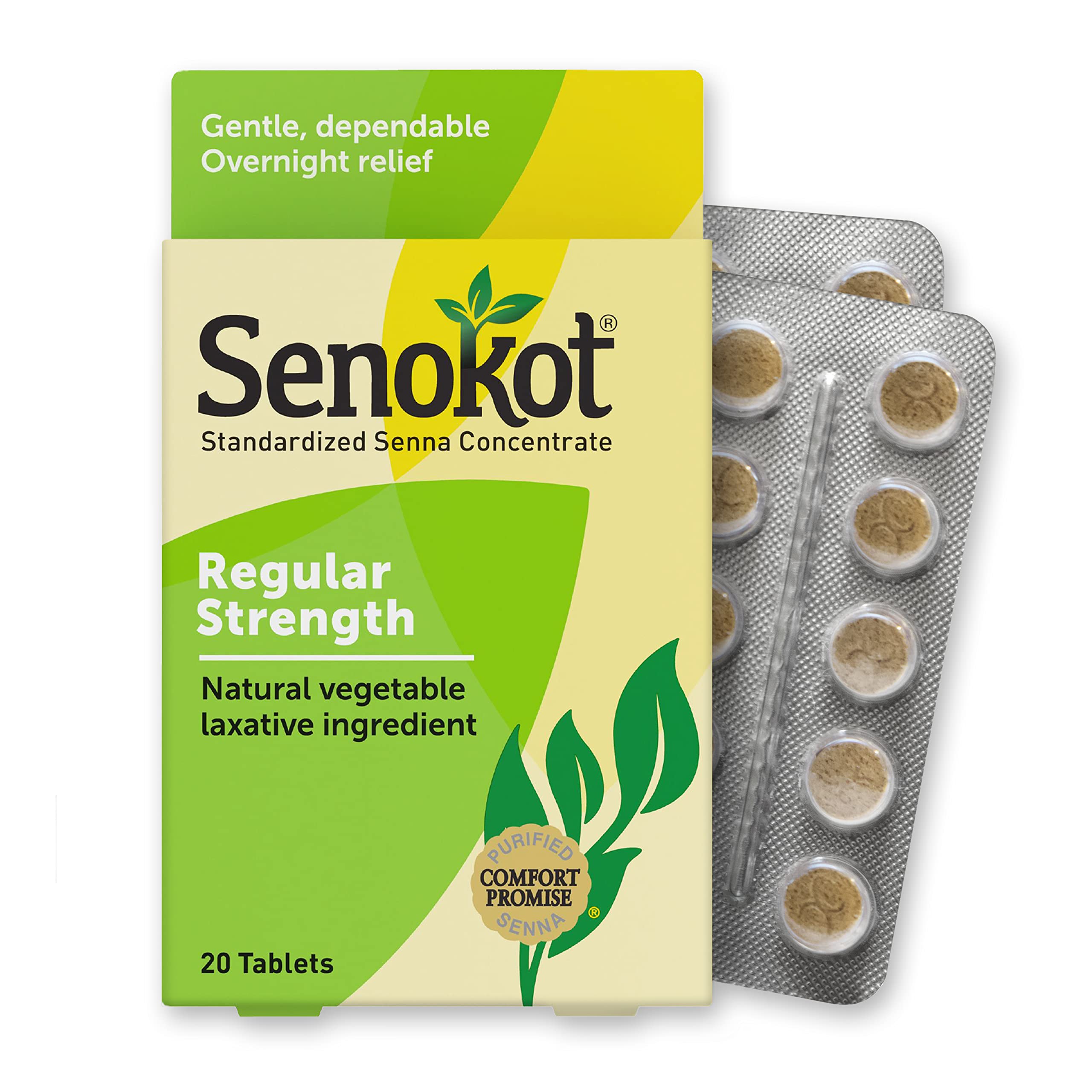 Senokot Regular Strength, Natural Vegetable Laxative Ingredient senna for Gentle Dependable Overnight Relief of Occasional Constipation, 20 Tablets