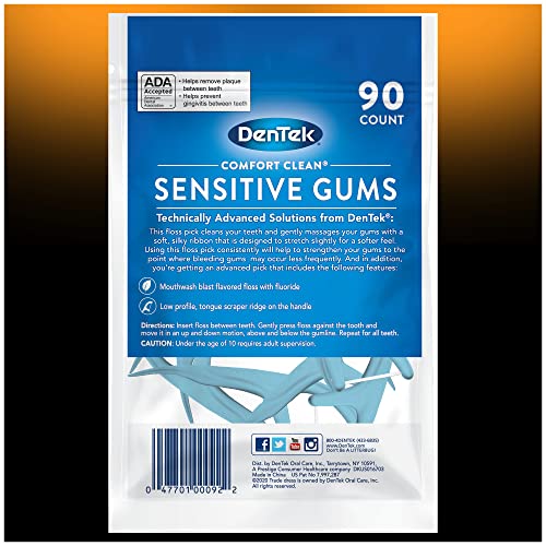 DenTek Comfort Clean Sensitive Gums Floss Picks, Soft & Silky Ribbon, 90 Count