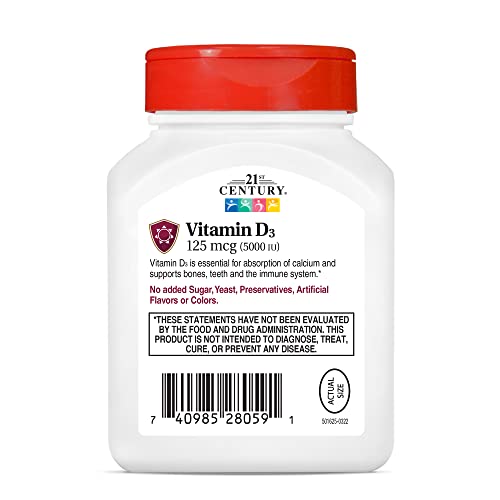 21st Century HealthCare Vitamin D3 125 mcg (5,000 IU) Rapid Release Softgels, 110 Count