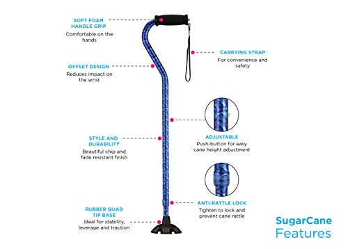 NOVA Medical Products Sugarcane, Walking Cane with Quad Tip and Carrying Strap, Stand Alone Cane, Pink Garden Design