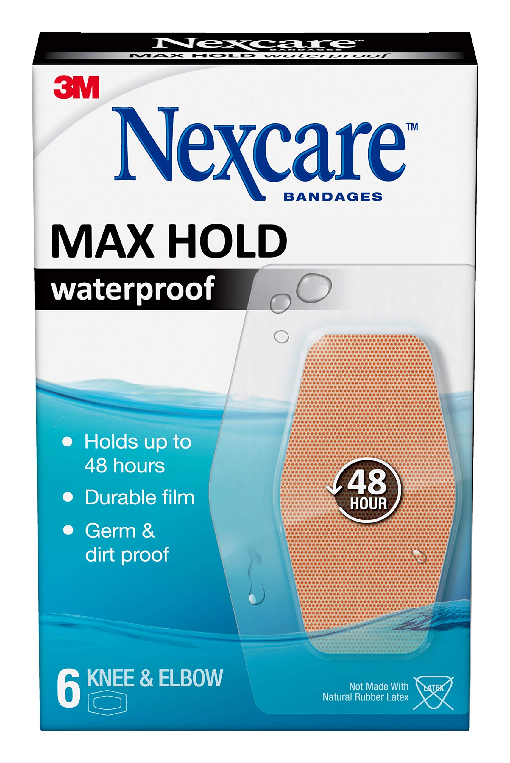 Nexcare Max Hold Waterproof Bandages, Comfortable, Low-Profile Film Fits Close To The Skin, Knee & Elbow, 2.38 x 3.5 in, 6 Count