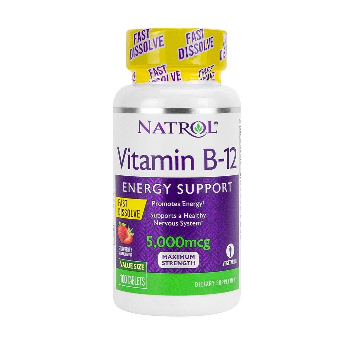 Natrol Vitamin B12 Fast Dissolve Tablets, Promotes Energy, Supports a Healthy Nervous System, Maximum Strength, Strawberry Flavor, 5,000mcg, 100 Count