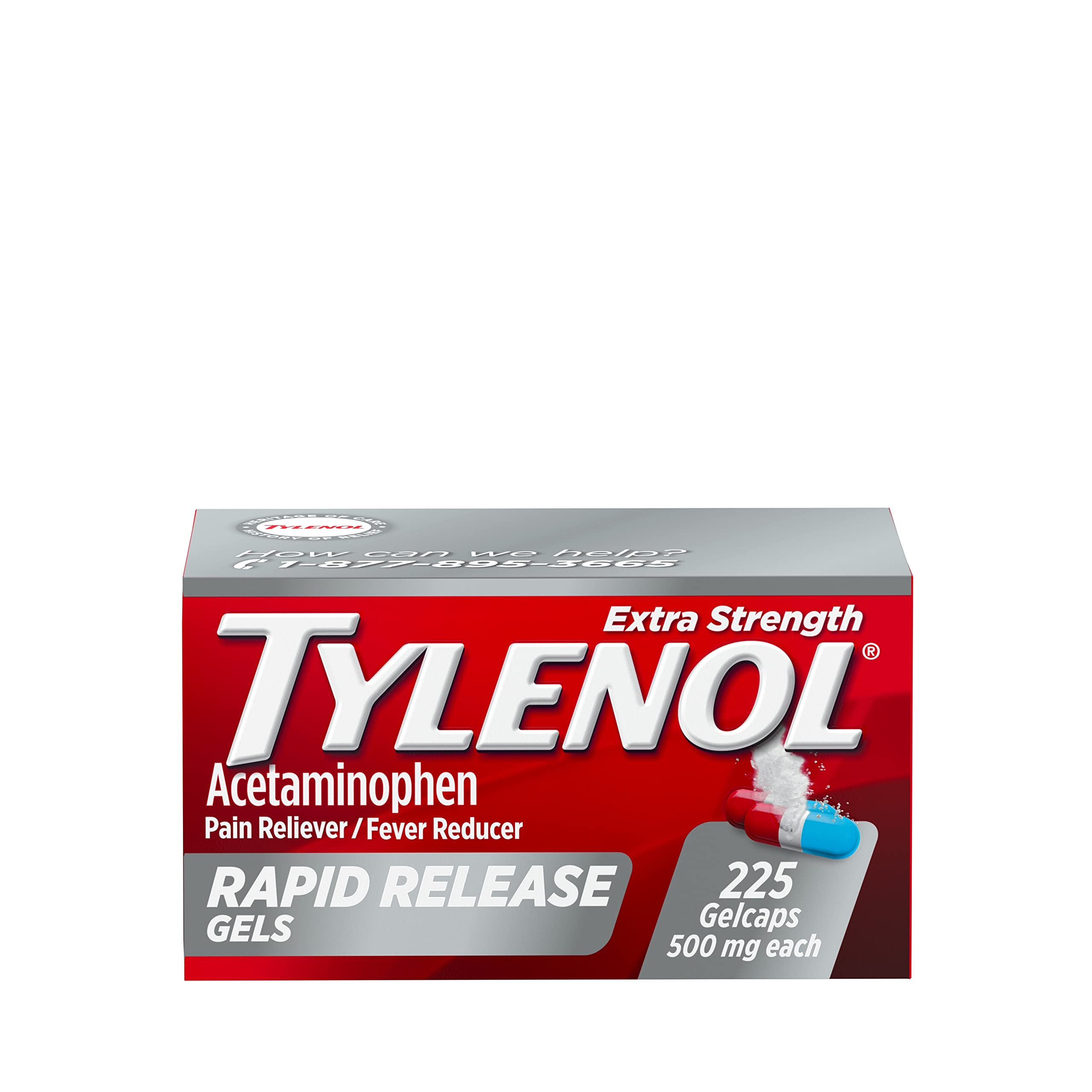 Tylenol Extra Strength Acetaminophen Rapid Release Gels, Extra Strength Pain Reliever & Fever Reducer Medicine, Gelcaps with Laser-Drilled Holes, 500 mg Acetaminophen, 225 ct