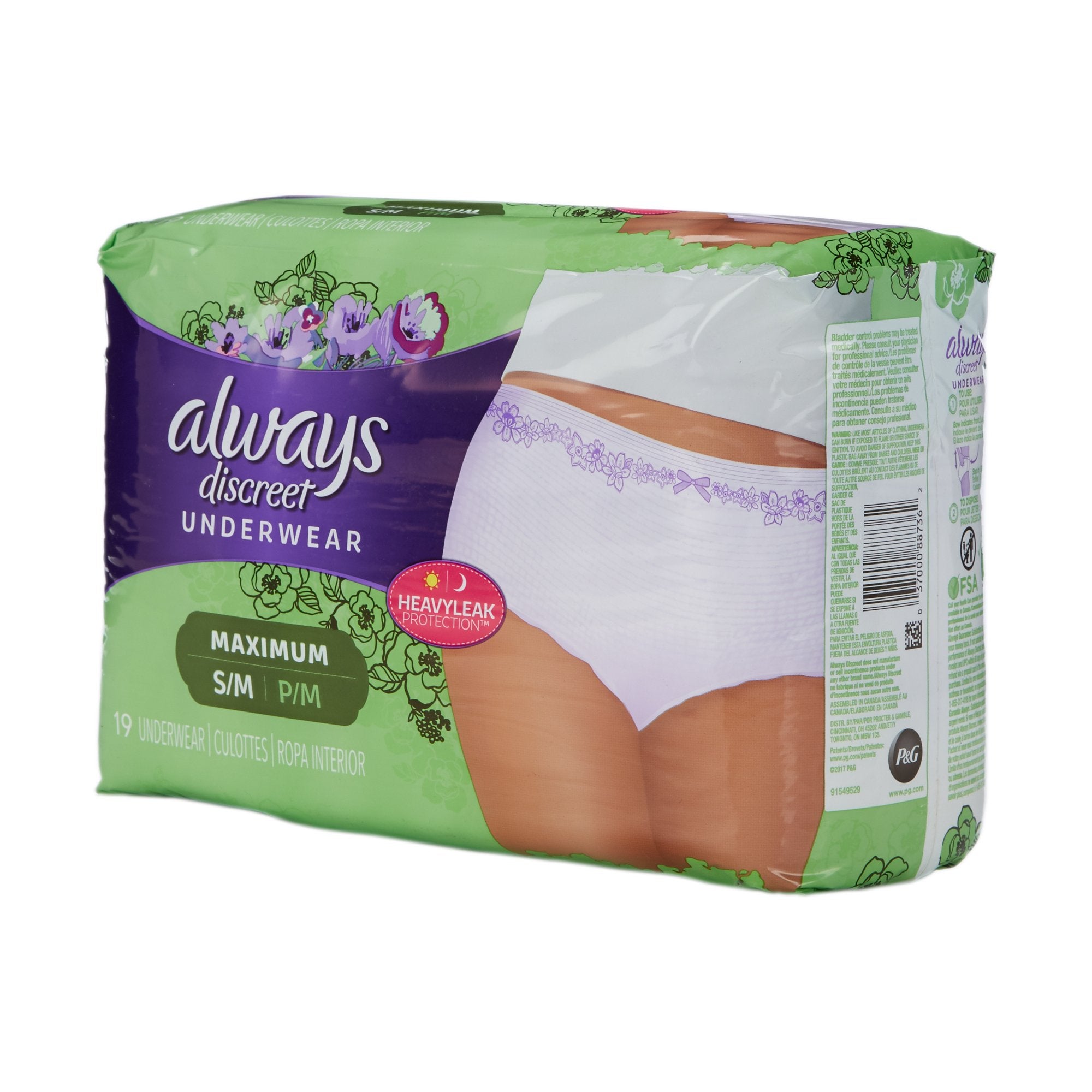 Female Adult Absorbent Underwear Always Discreet Pull On with Tear Away Seams Small / Medium Disposable Heavy Absorbency