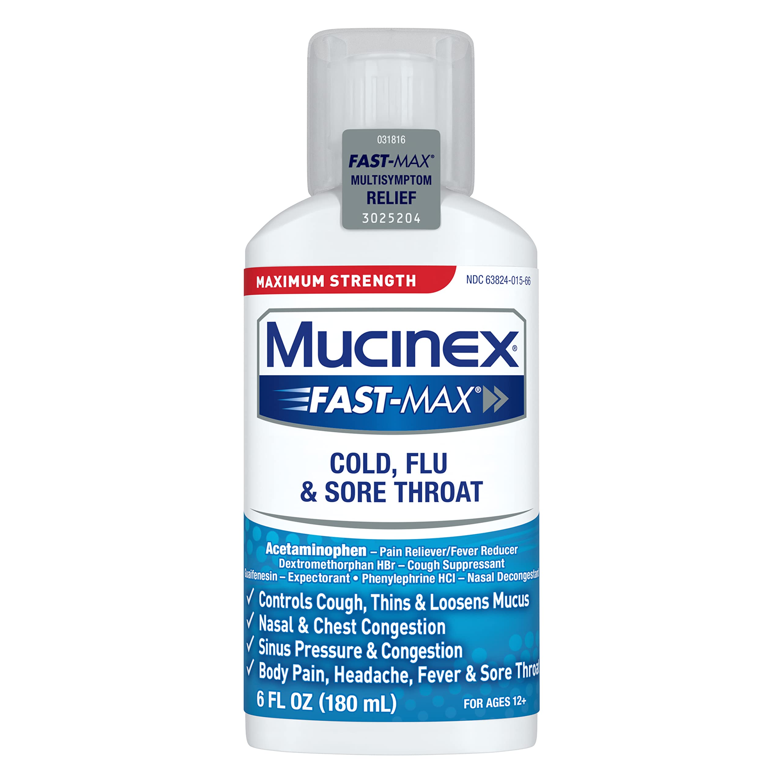 Mucinex Fast-Max Maximum Strength Cold, Flu, & Sore Throat Liquid, 6oz