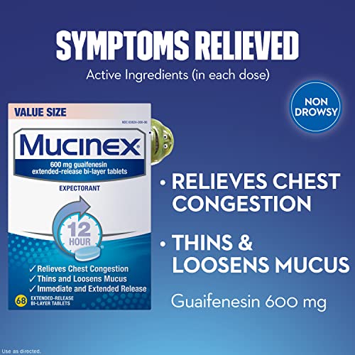 Chest Congestion, Mucinex 12 Hour Extended Release Tablets, 68ct, 600 mg Guaifenesin Relieves Chest Congestion Caused by Excess Mucus, #1 Doctor Recommended OTC Expectorant