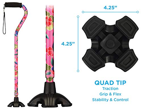 NOVA Medical Products Sugarcane, Walking Cane with Quad Tip and Carrying Strap, Stand Alone Cane, Pink Garden Design