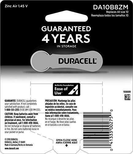 Duracell DA10B8ZM10 Easy Tab Hearing Aid Zinc Air Battery, 10 Size, 1.4V, 95 mAh Capacity - 8 count