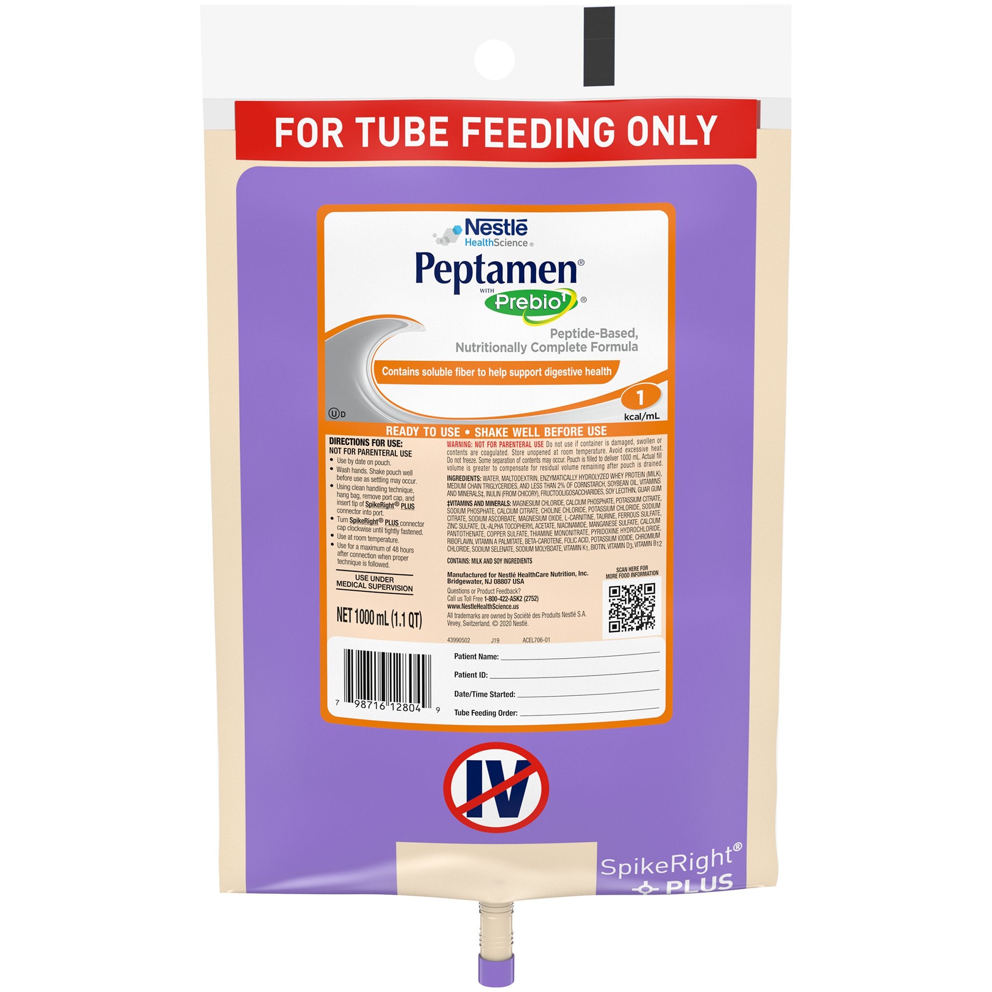 Tube Feeding Formula Peptamen with Prebio 1 Unflavored Liquid 1000 mL Bag