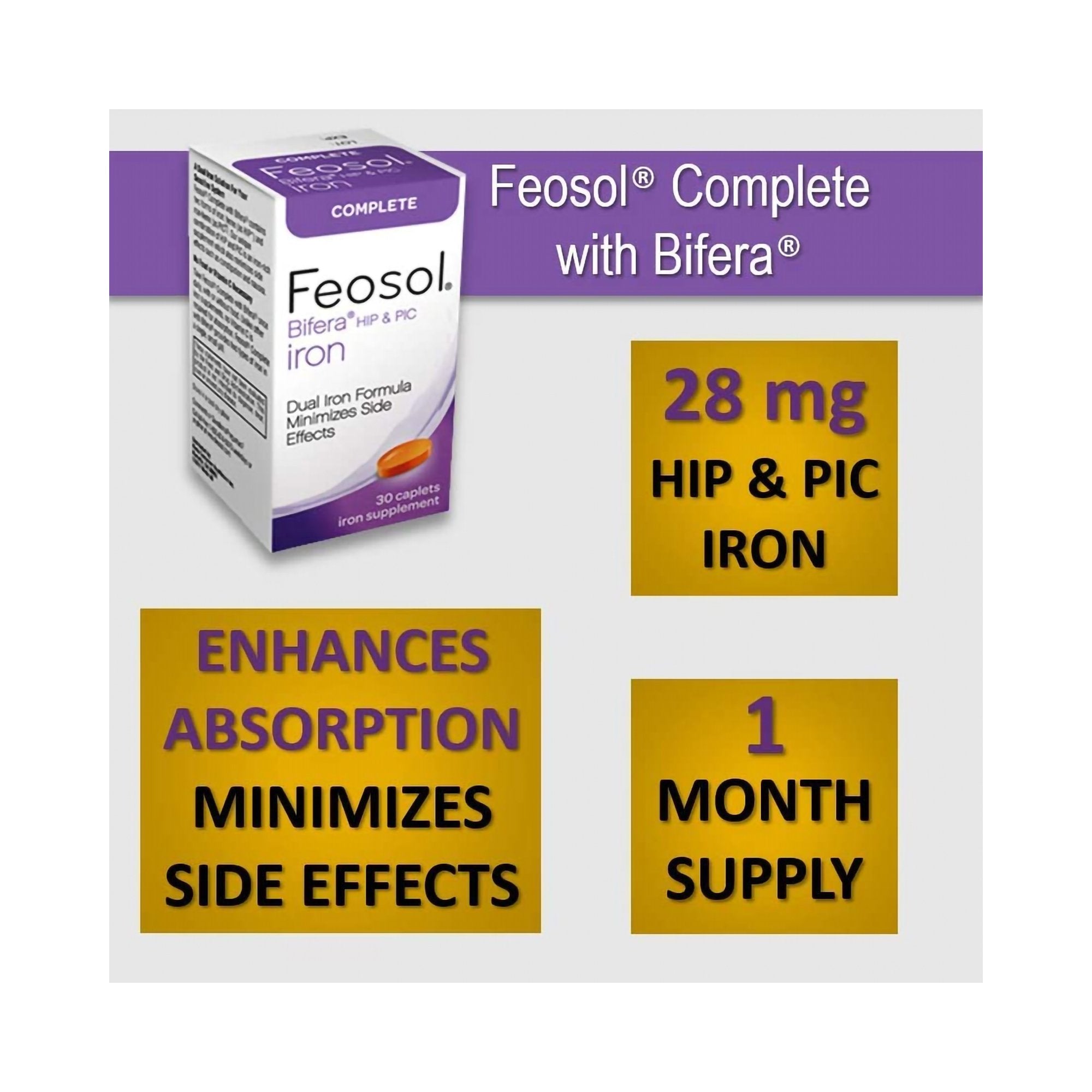 Mineral Supplement Feosol Bifera Hip & PIC Iron / PIC / HIP 28 mg - 22 mg - 6 mg Strength Caplet 30 per Bottle