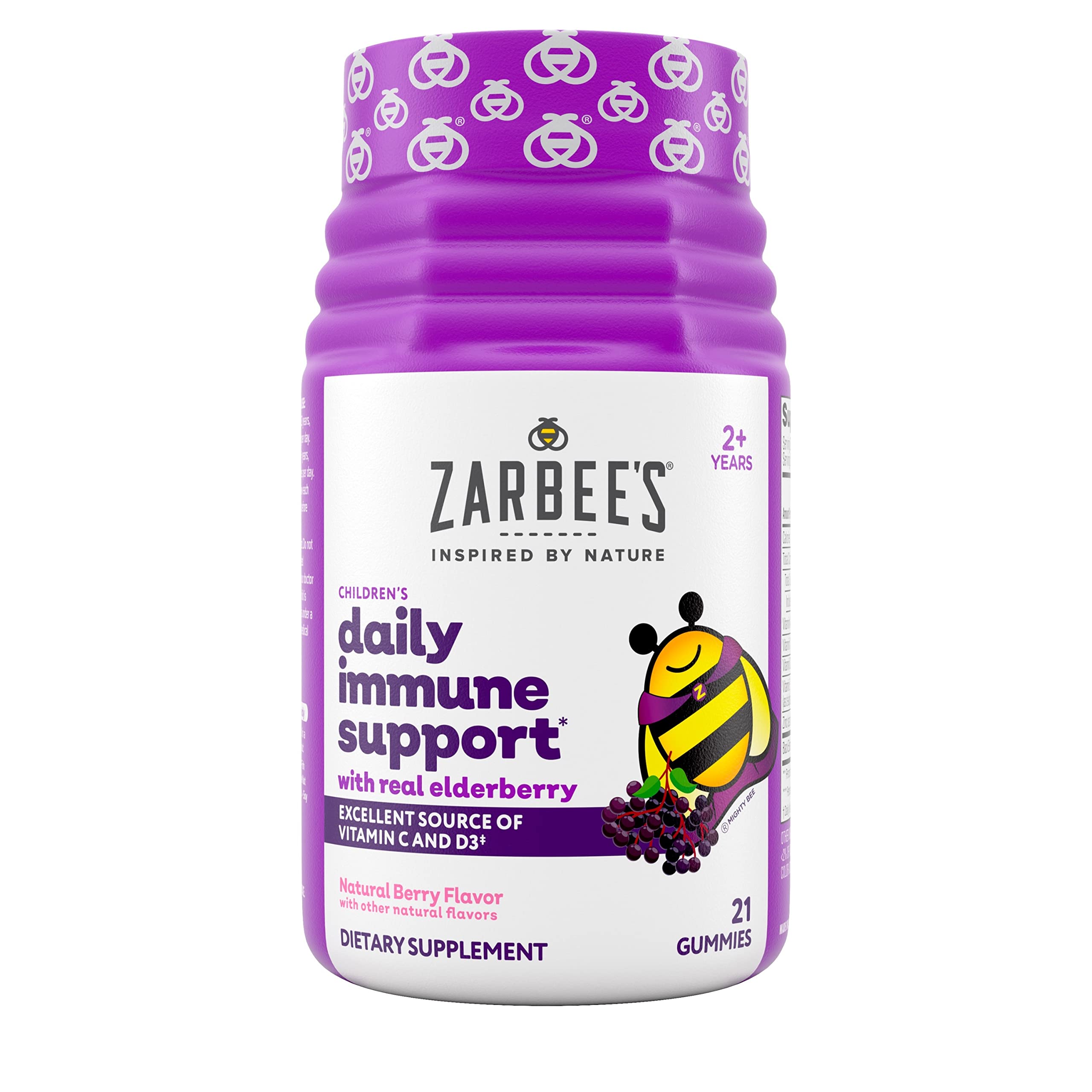 Zarbee's Elderberry Gummies for Kids with Vitamin C, Zinc & Elderberry, Daily Childrens Immune Support Vitamins Gummy for Children Ages 2 and Up, Natural Berry Flavor, 21 Count