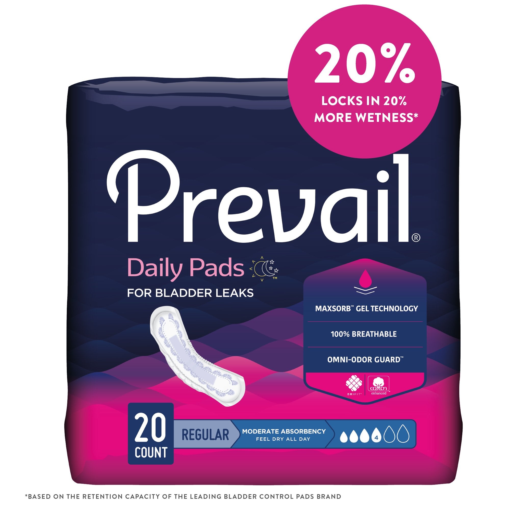 Bladder Control Pad Prevail Daily Pads 9-1/4 Inch Length Moderate Absorbency Polymer Core One Size Fits Most