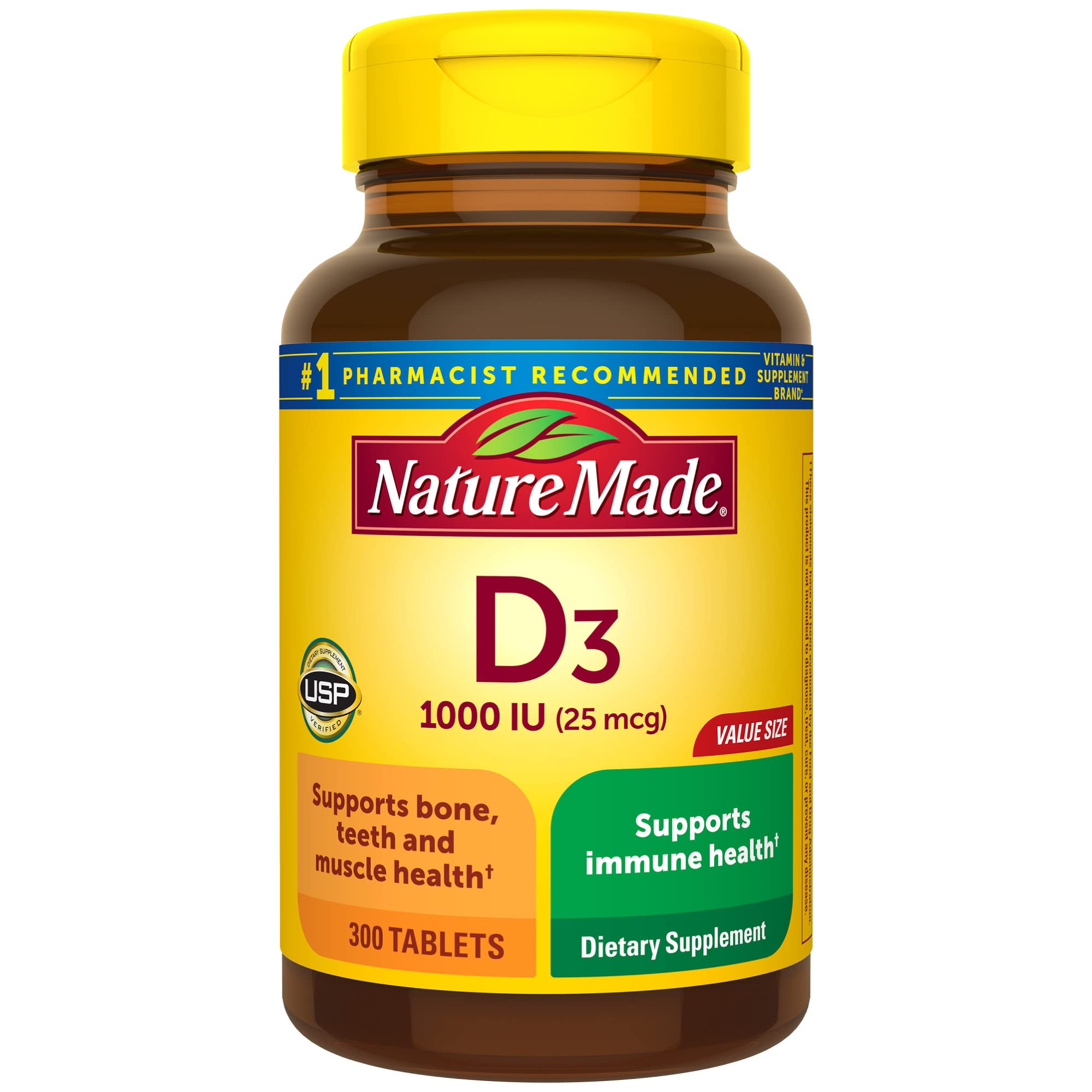 Nature Made Vitamin D3 1000 IU (25 mcg), Dietary Supplement for Bone, Teeth, Muscle and Immune Health Support, 300 Tablets, 300 Day Supply