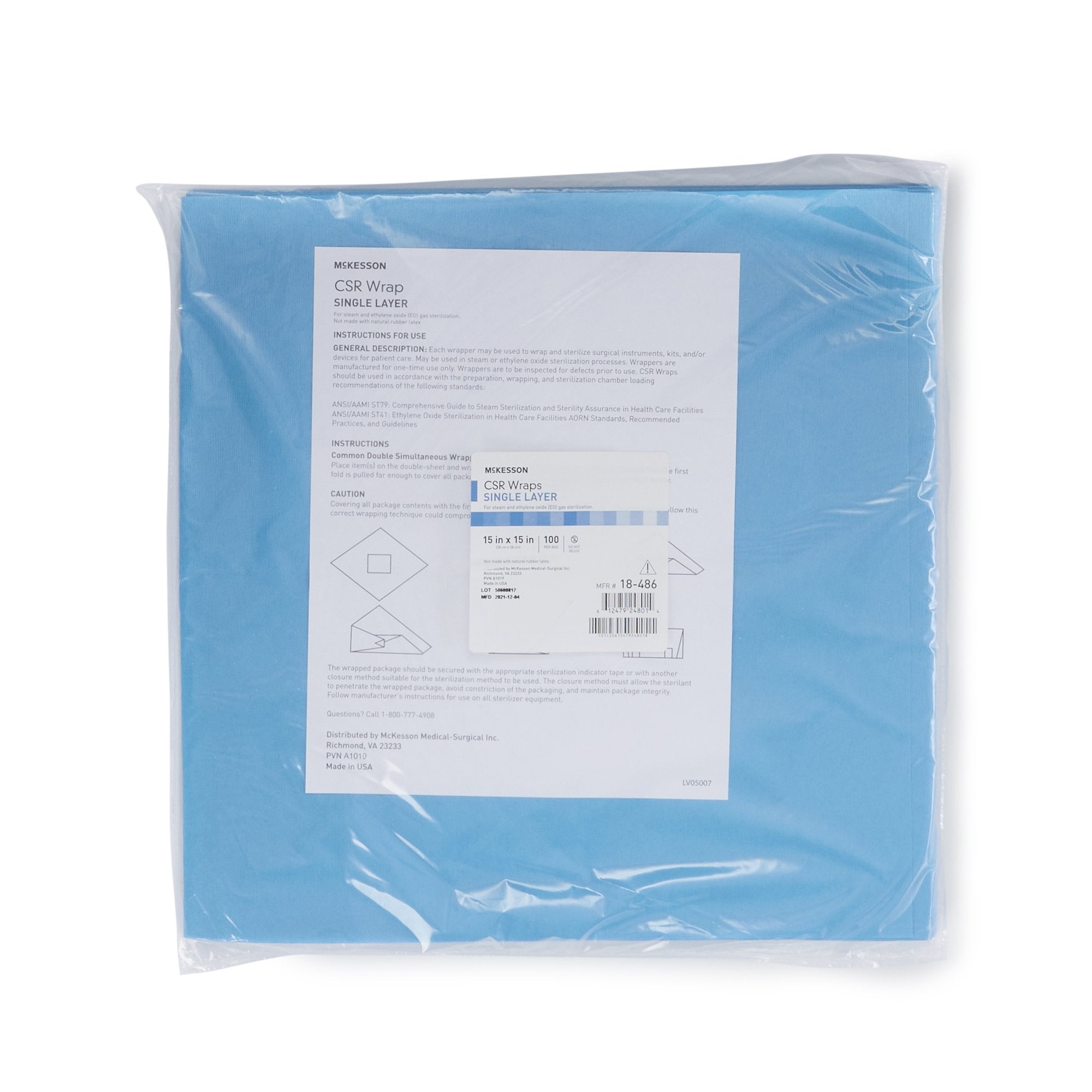 McKesson Sterilization Wrap Blue 15 X 15 Inch Single Layer Cellulose Steam / EO Gas