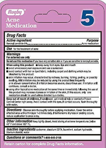 Rugby Acne Medication 5, Benzoyl Peroxide 5%, 1 Ounce Lotion Per Pack
