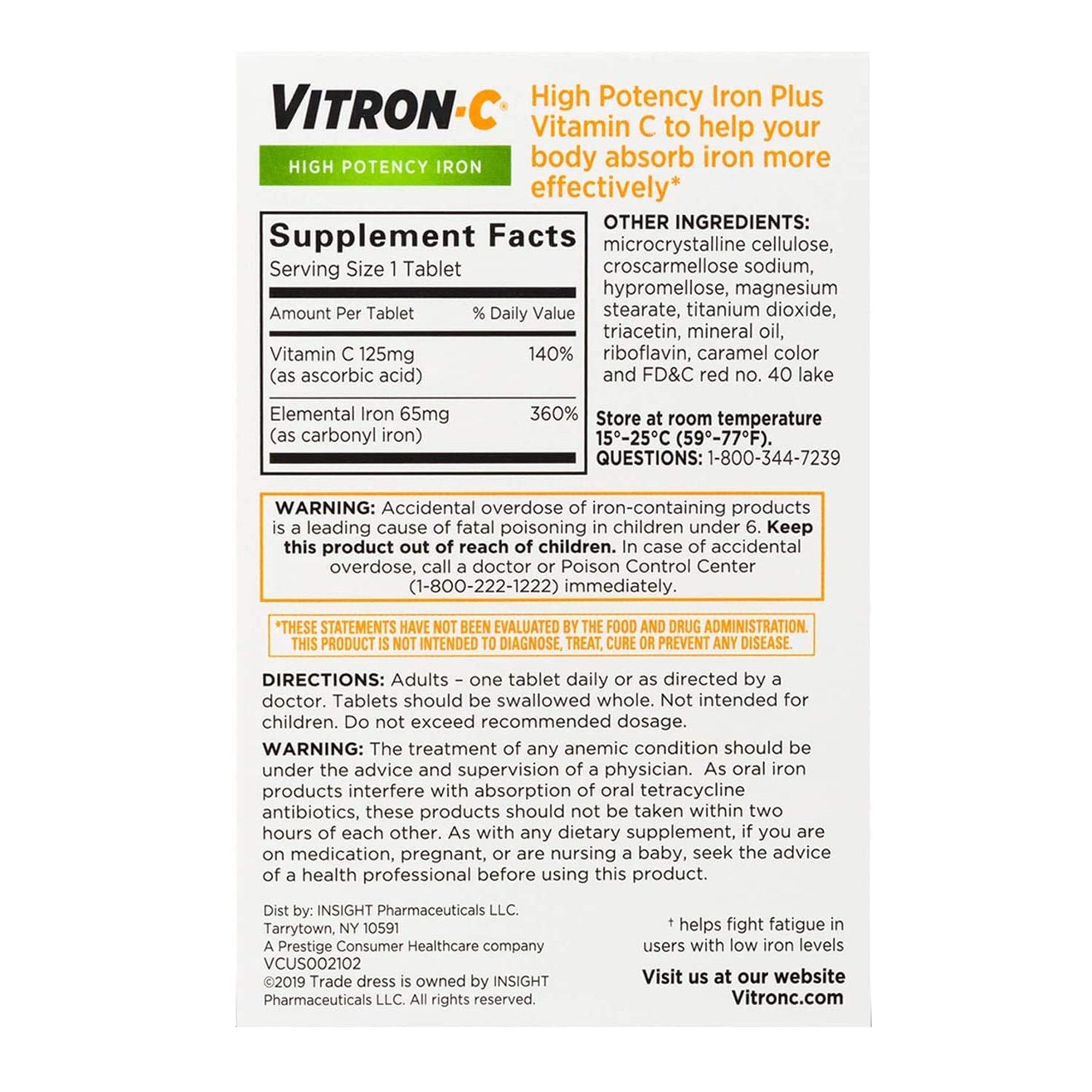 Multivitamin Supplement Vitron-C Ascorbic Acid / Iron 125 mg - 65 mg Strength Tablet 60 per Bottle