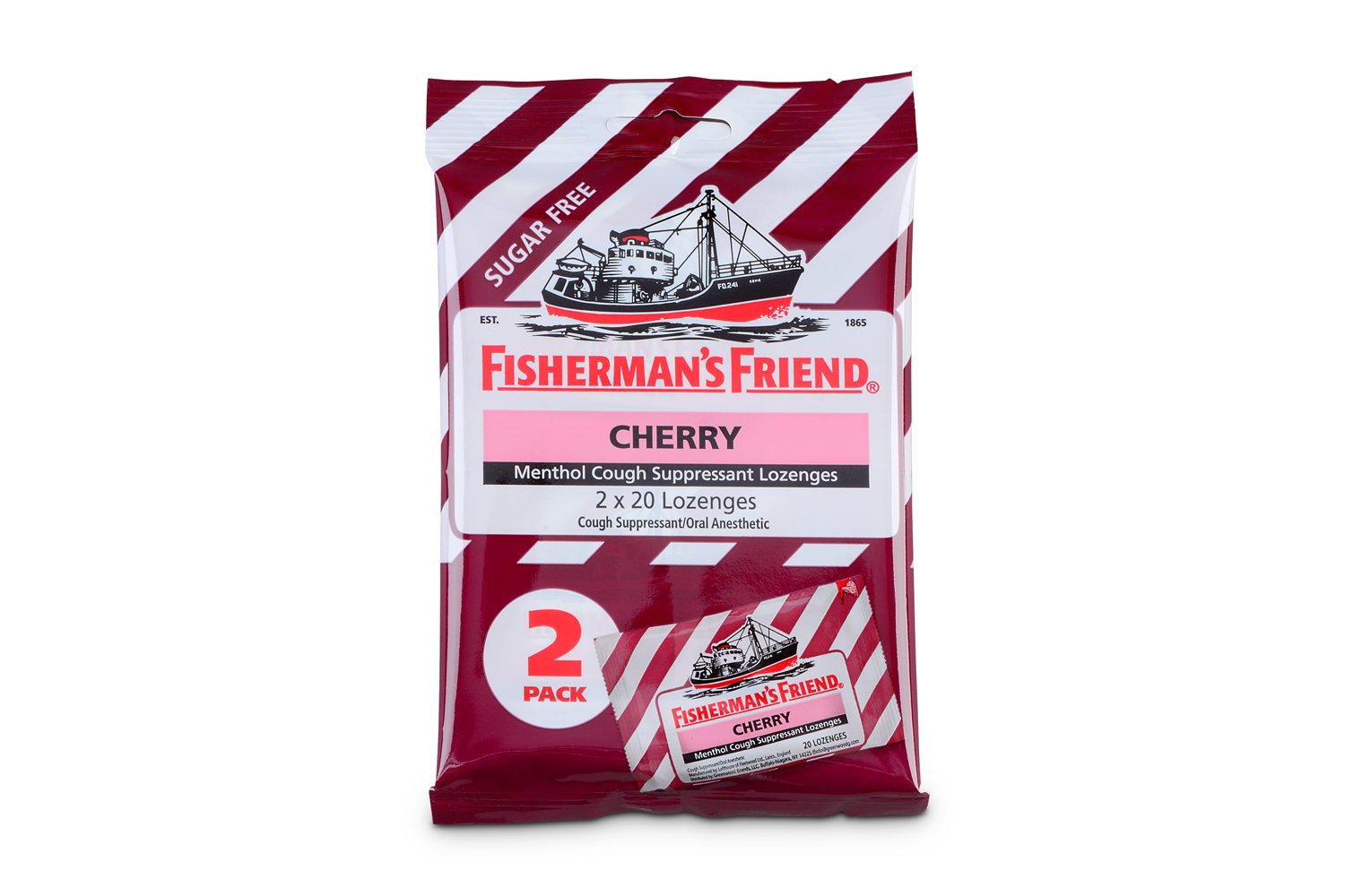 Cough Drops by Fisherman's Friend, Cough Suppressant and Sore Throat Lozenges, Cherry Sugar Free Menthol Flavor, 40 Count