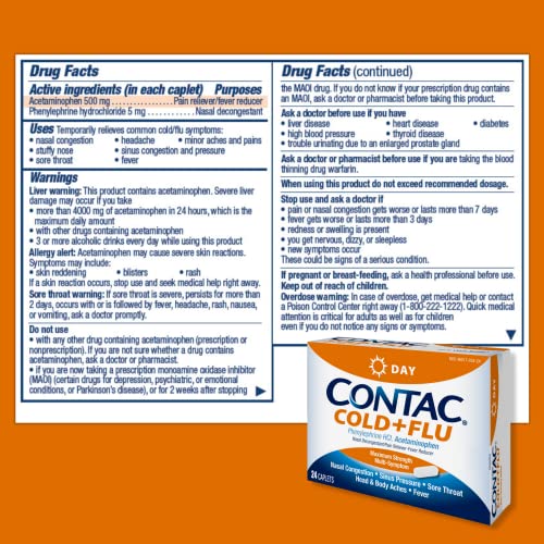 CONTAC Cold + Flu Maximum Strength Acetaminophen Daytime Multi-Symptom Relief for Nasal Congestion, Sinus Pressure, Sore Throat, Head & Body Aches, Fever, Non-Drowsy, 24 Caplets