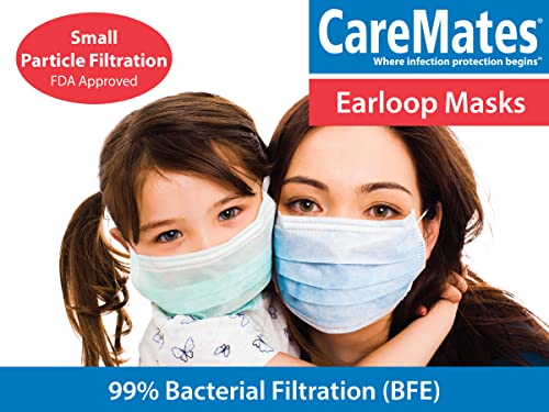 CareMates Soft Disposable 3-Ply Elastic Earloop Patient Mask, Fluid Resistance, 99% Small Particle Filtration, Breathable, 50-count