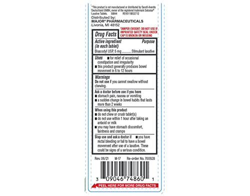 100 Tablets Enteric Coated Major Bisacodyl 5mg (Compare to Dulcolax)