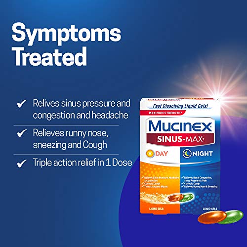 Mucinex Sinus-Max Max Strength Day & Night Liquid Gels (24ct) Relieves Sinus Pressure and Congestion, Headaches, Pain, Runny Nose, Sneezing, Thins and Loosens Mucus, Controls Cough
