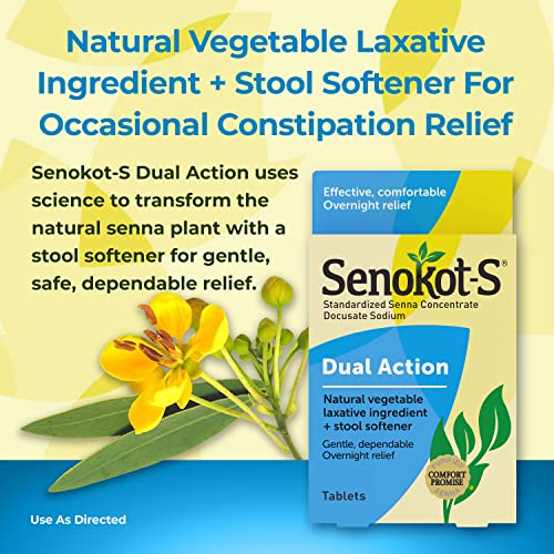 Senokot-S Dual Action 30 Tablets, Natural Vegetable Laxative Ingredient Plus Stool Softener Tablets, Gentle Dependable Overnight Relief of Occasional Constipation