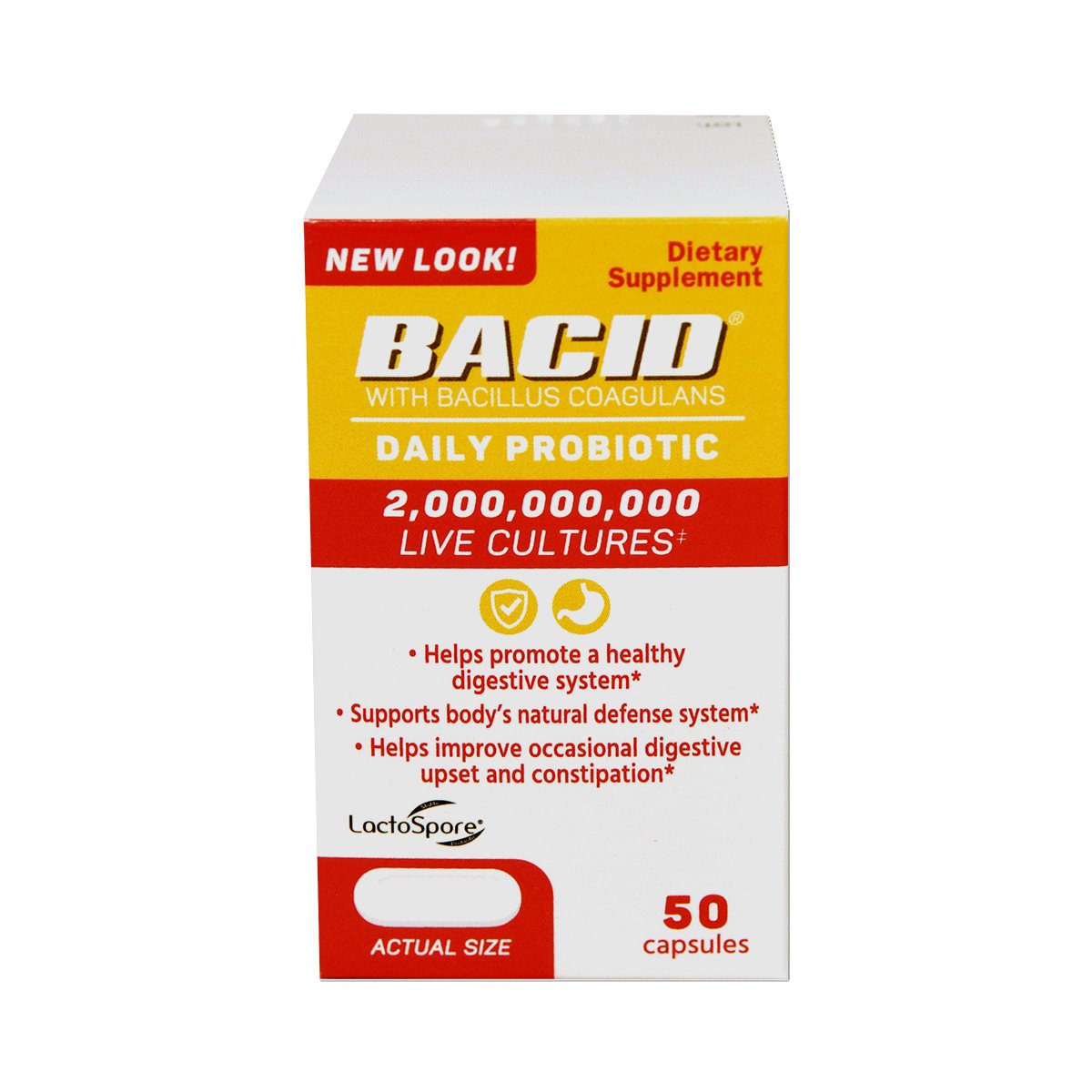 BACID Daily Probiotic, Dietary Supplement for Digestive Health, 2 Billion Bacillus Coagulans Live Cultures, White, 50 Count