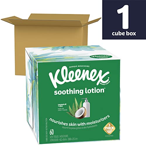 Kleenex Soothing Lotion Facial Tissues with Coconut Oil, Aloe & Vitamin E, 1 Cube Box, 60 Tissues per Box, 3-Ply (60 Total Tissues)