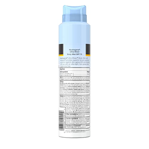 Neutrogena Ultra Sheer Body Mist Sunscreen Spray Broad Spectrum SPF 70, Lightweight, Non-Greasy & Water Resistant, Oil-Free & Non-Comedogenic UVA/UVB Sunscreen Mist, 5 oz