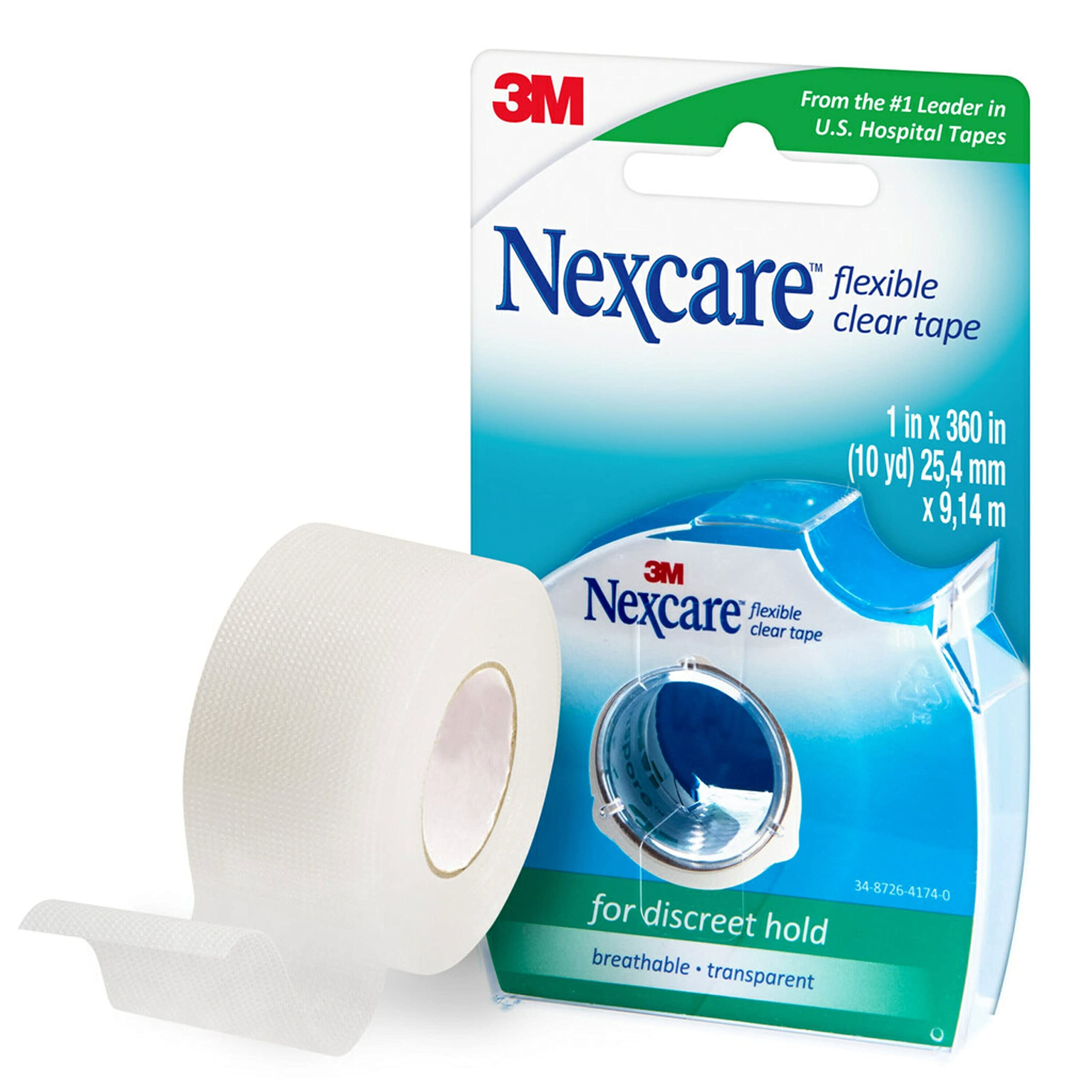 Nexcare Flexible Clear First Aid Tape, Clear and Stretchy Design Conforms To Hard To Tape Areas, 1 in x 10 yd, 1 Roll with Dispenser