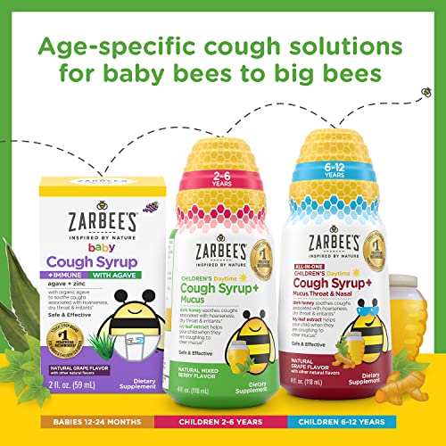 Zarbee's Kids Cough + Mucus Nighttime for Children 2-6 with Dark Honey, Ivy Leaf, Zinc & Elderberry, 1 Pediatrician Recommended, Drug & Alcohol-Free, Mixed Berry Flavor, 4FL Oz