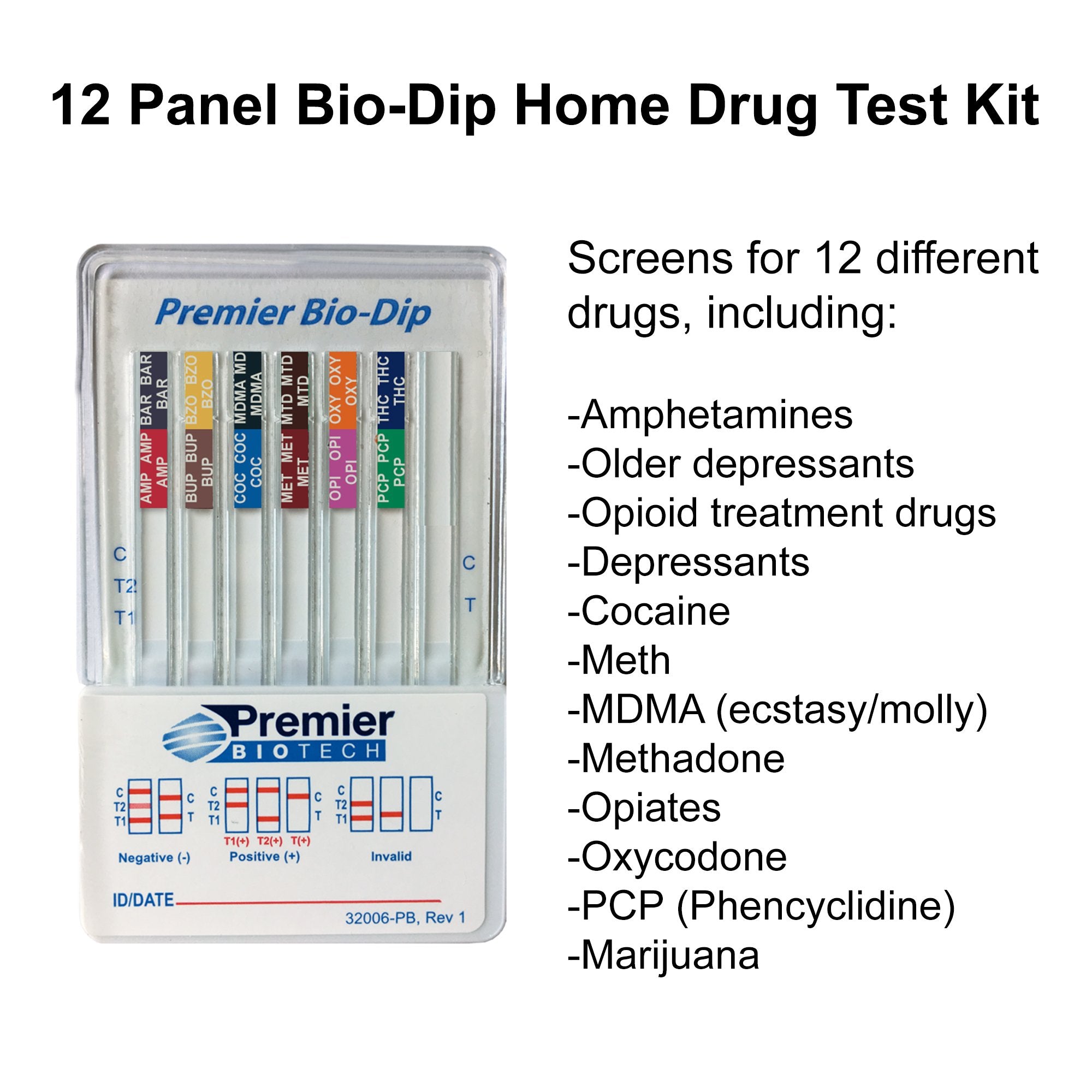 Drugs of Abuse Test Kit Premier Bio-Dip 12-Drug Panel AMP, BAR, BUP, BZO, COC, mAMP/MET, MDMA, MTD, OPI, OXY, PCP, THC 50 Urine Sample 25 Tests CLIA Waived