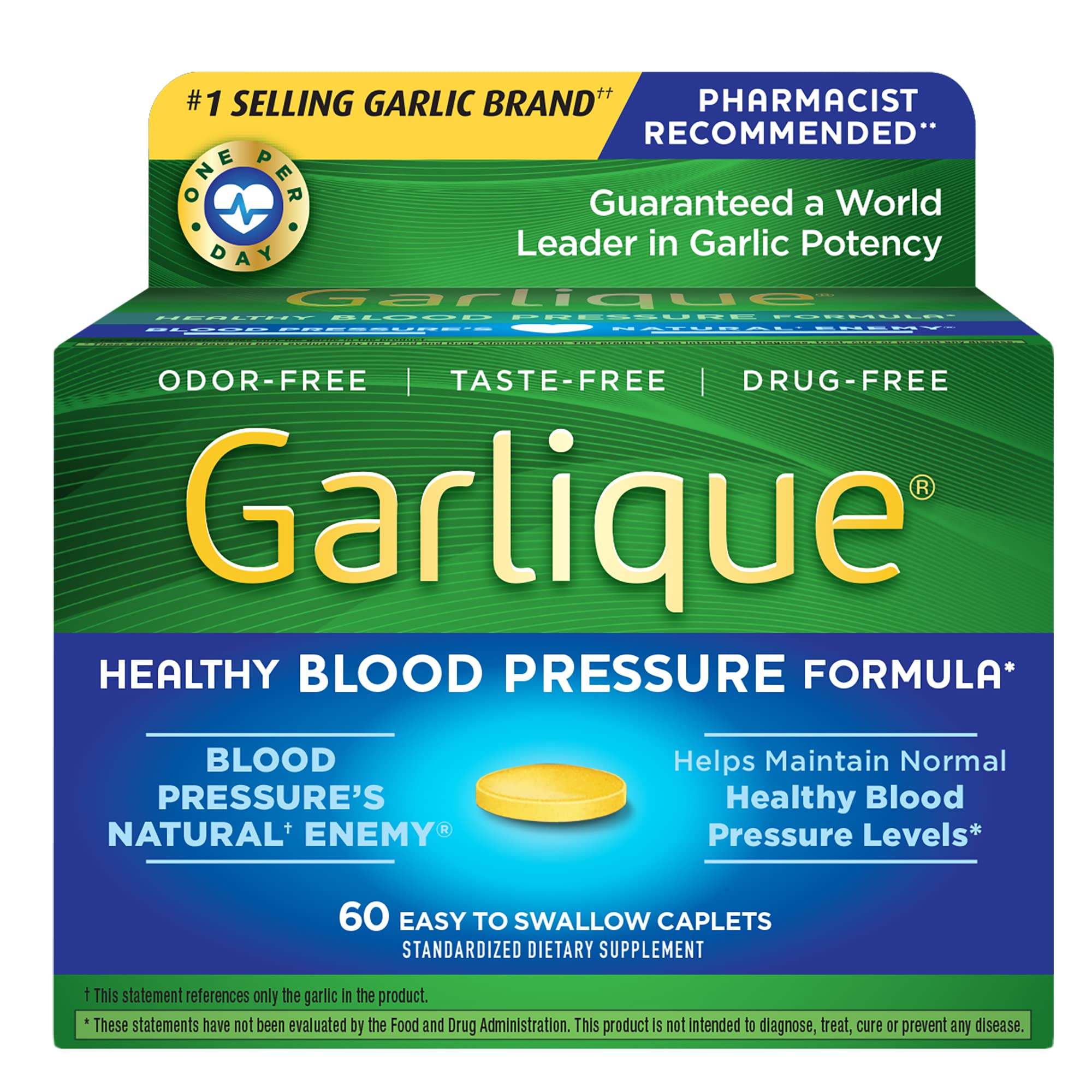 Garlique Garlic Extract Supplement, Healthy Blood Pressure Formula, Odorless & Vegan, 60 Caplets