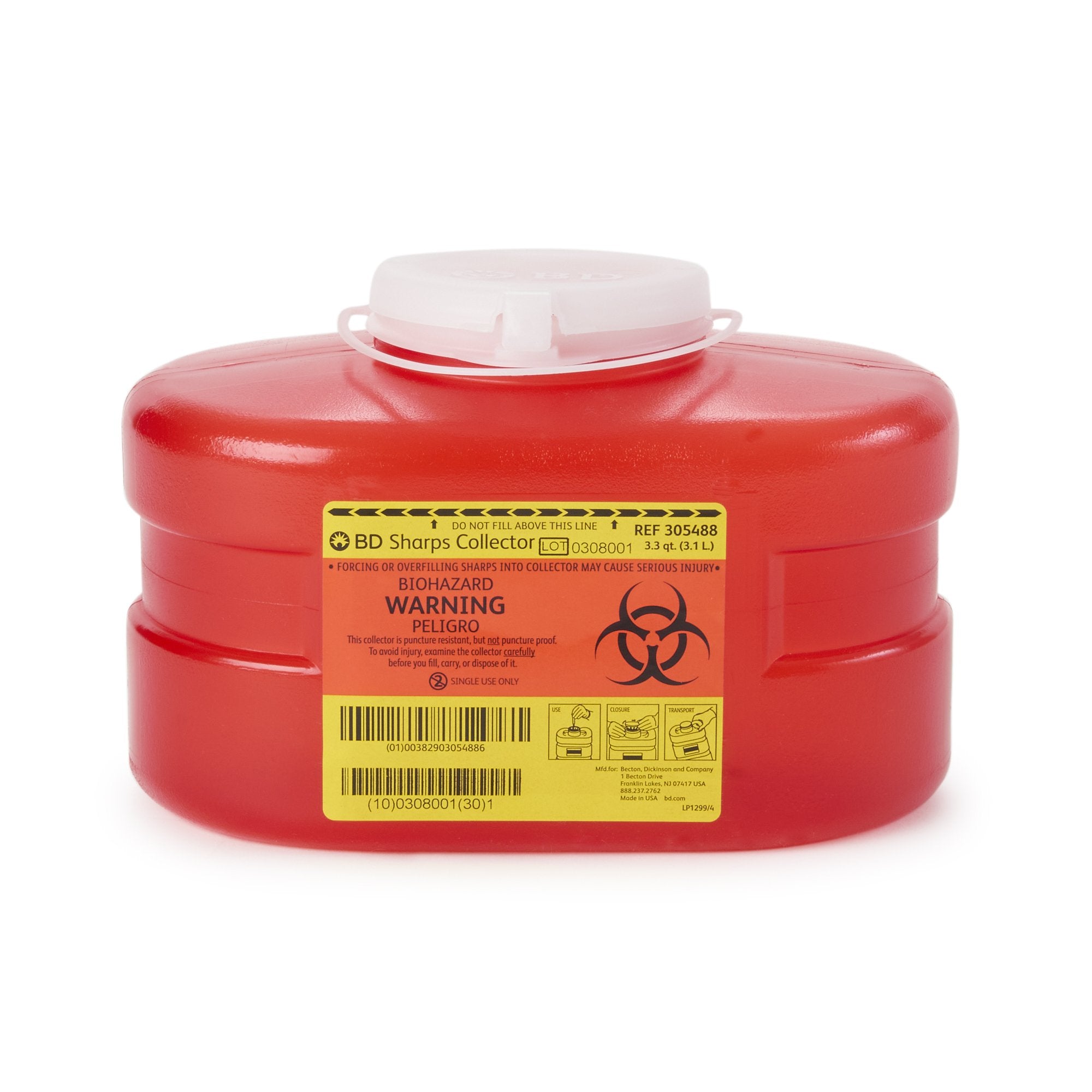 Sharps Container BD Red Base 5-3/10 H X 9-1/10 W X 5 D Inch Vertical Entry 0.825 Gallon