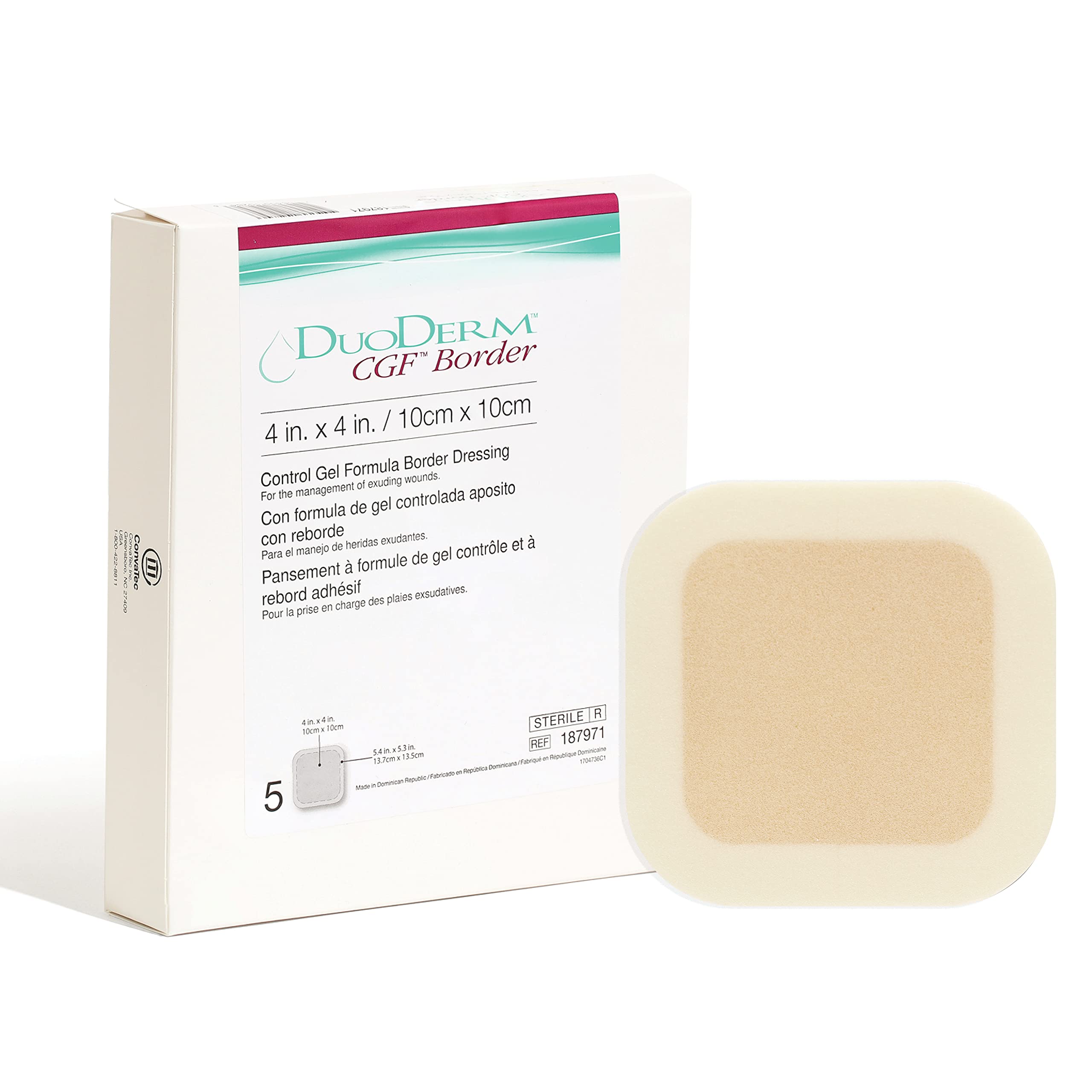 DuoDERM CGF Hydrocolloid 4"x4" Sterile Square Dressing with Border for Hard to Dress Wounds, Square, Beige, 187971, Box of 5